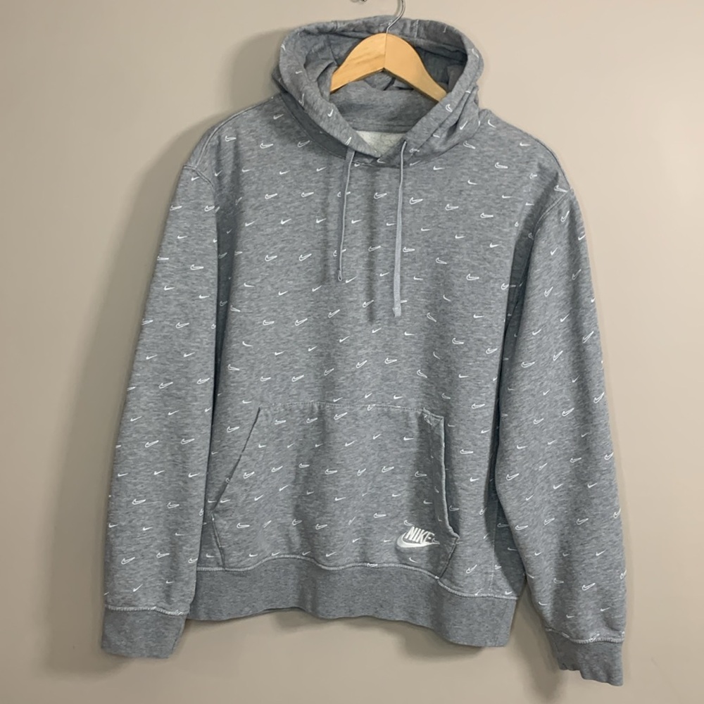 NIKE All over‎ Swoosh Print Hoodie Embroidered Logo Kangaroo Gray White Size L